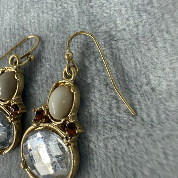 Gold-Tone Dangle Earrings With Faceted Clear & Cream Stones Pierced Womens - Picture 5 of 13